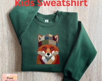 Faux Patchwork Fox Sweatshirt, Animal Sweatshirt for Kids, Children's Sweatshirt, Outdoors Sweatshirt, Camping Sweatshirt, Hiking Gift
