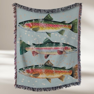 Cabin Woven Throw Blanket Rainbow Trout & Brown Trout River Fish Art Tapestry Fly Fishing Gift For Fishermen Great Lakes House Gift Man Cave