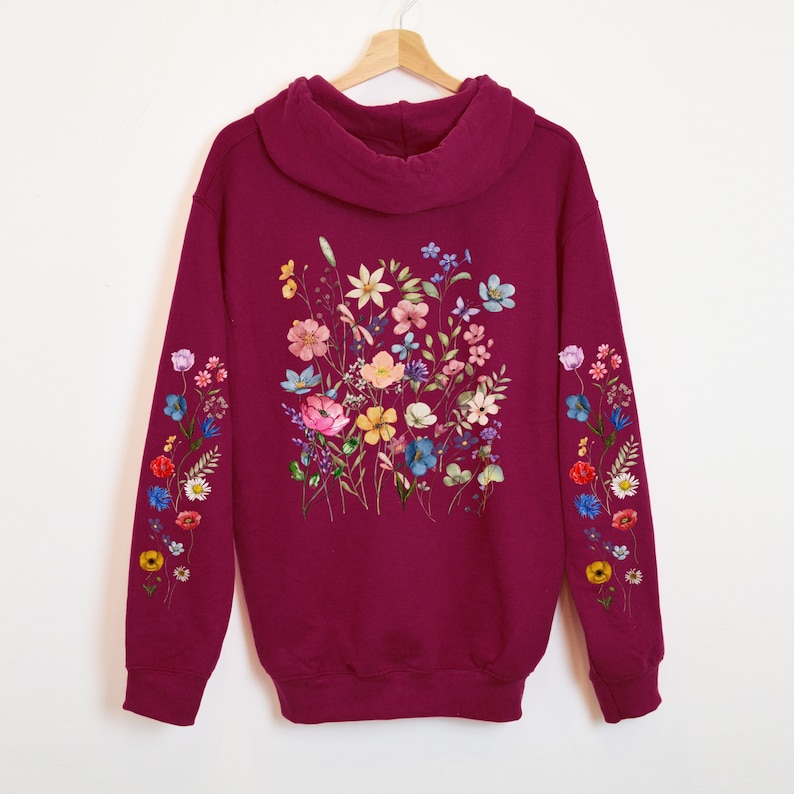 Wildflowers Hoodie, Boho Cottagecore Floral Hoodie, Botanical Flowers ...