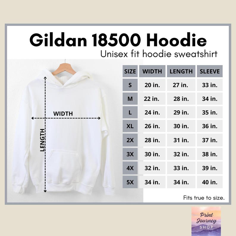 May include: A white Gildan 18500 hoodie sweatshirt displayed on a hanger. The image includes a size chart with measurements in inches for width, length, and sleeve length, ranging from size S to 5X.