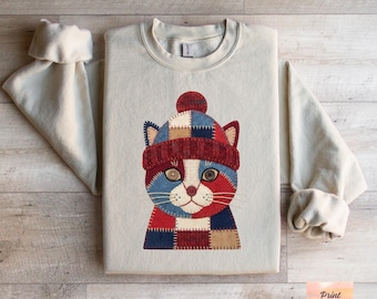Faux Patchwork Cat Sweatshirt, Cute Kitten Gift, Unique Design, Winter Hat, Button Eyes, Cozy Outfit