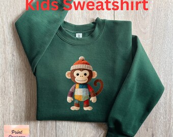 Cute Monkey Sweatshirt, Faux Patchwork, Childrens Sweatshirt, Kids Sweatshirt, Animal Sweatshirt, Fun Gift
