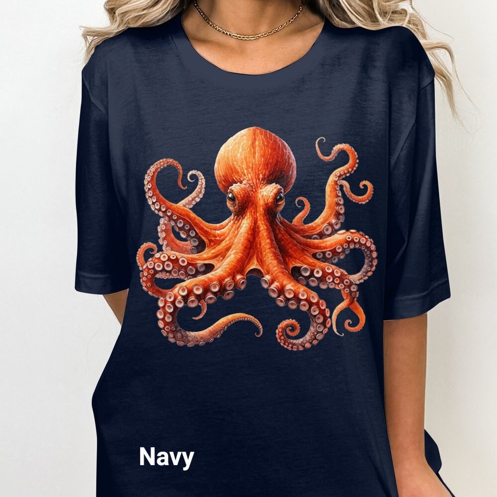 タコTシャツ、日本の水彩画タコTシャツ、海の生き物タコTシャツ、ユニ
