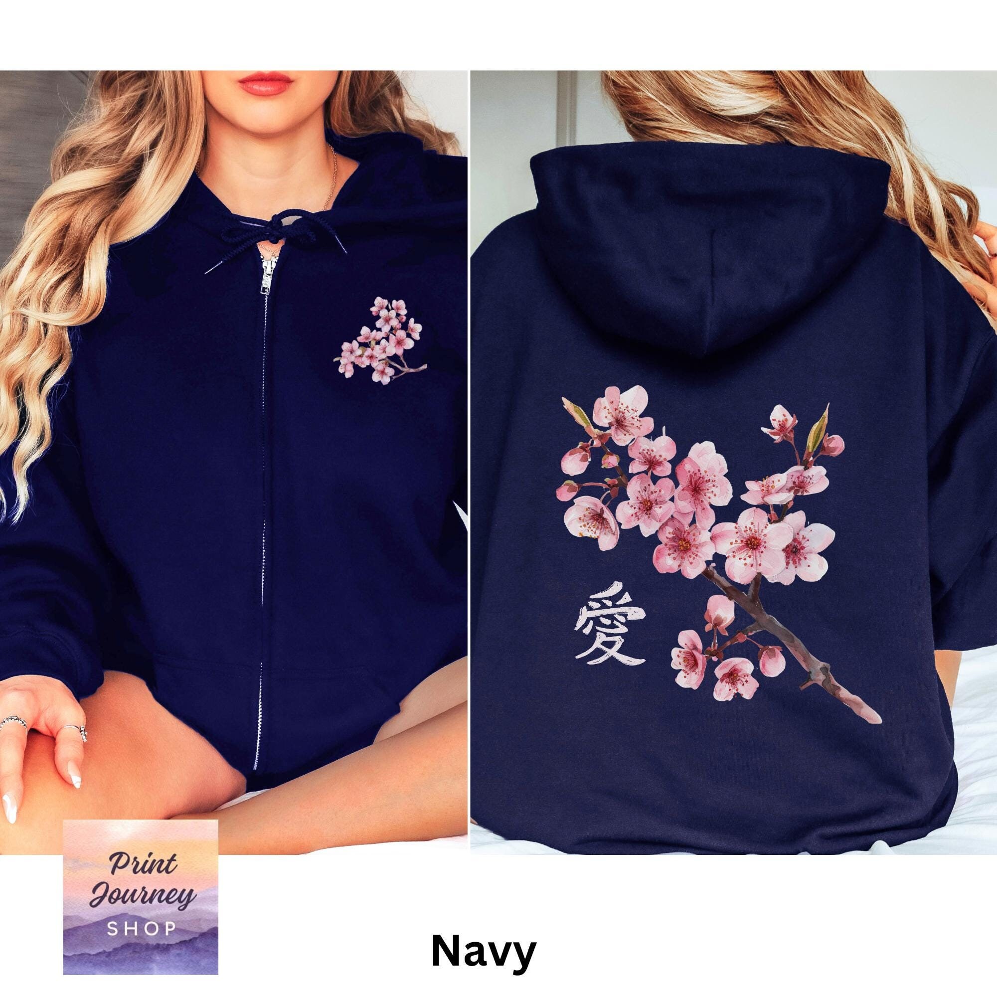 【AAKAM】Flowers Zip-up Hoodie 2colors Japanese Cherry Blossom Zip Hoodie, Sakura Hoodie, Japanese