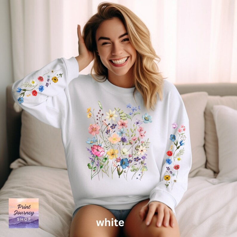 Wildflowers Sweatshirt, Printed Sleeve, Boho Cottagecore Floral Sweater ...