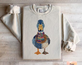Duck Sweatshirt, Faux Patchwork Duck, Novelty Animal Sweatshirt, Unique Duck Apparel, Cozy Duck Gift, Quilted Duck Outfit