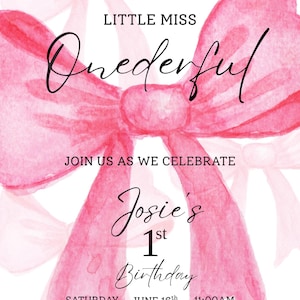 Invitación editable para fiesta de moño / Invitación de cumpleaños de Little Miss Onederful / Invitación de fiesta rosa para niñas / Descarga instantánea