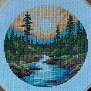Landscape Cross Stitch Pattern, PDF, Nature, River, Forest, Sunset, Mountains.