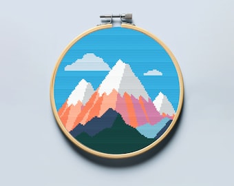 風景、山のクロスステッチ パターン PDF。