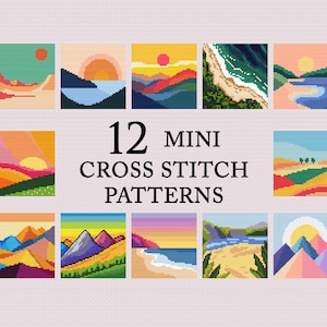 May include: Twelve mini cross stitch patterns featuring colourful landscapes with mountains, water, and sunsets. The patterns are arranged in a grid.