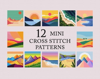 Peut inclure: Douze motifs de point de croix miniatures représentant des paysages colorés avec des montagnes, de l'eau et des couchers de soleil. Les motifs sont disposés en grille.