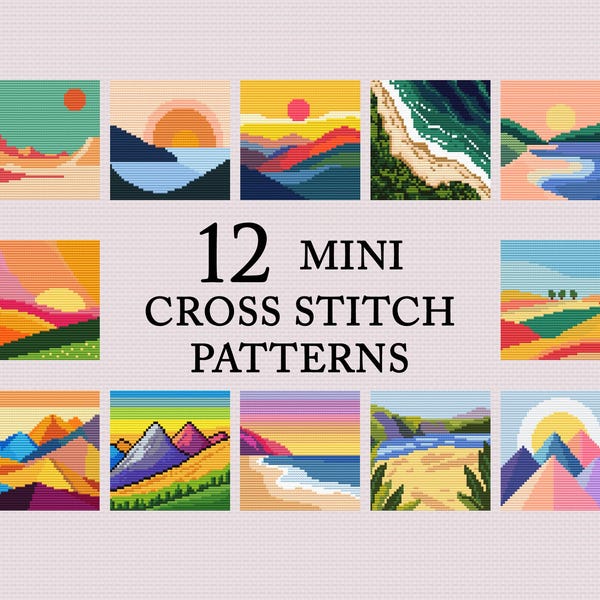 12 Mini Landscapes Cross Stitch Pattern Bundle, PDF.