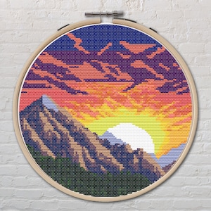 Sunset Cross Stitch Pattern PDF, Landscape, Mountains, Nature.