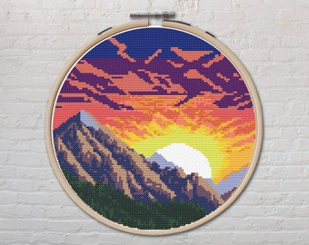 Sunset Cross Stitch Pattern PDF, Landscape, Mountains, Nature.