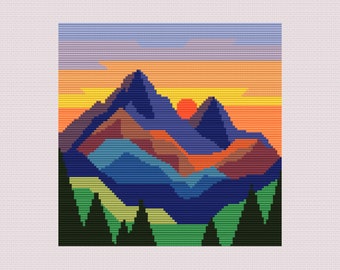 Landscape Cross Stitch Pattern PDF, Mountains, Sunset, Nature.