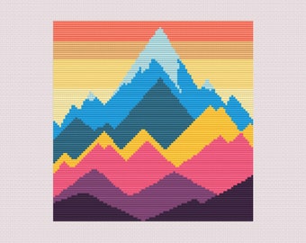 風景、山のクロスステッチ パターン PDF。
