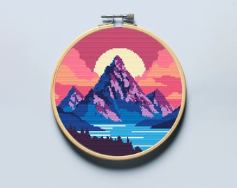風景、山のクロスステッチ パターン PDF。
