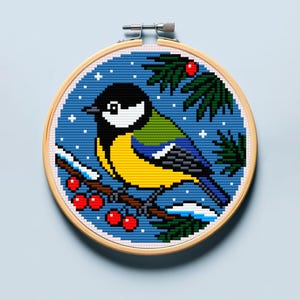 Op de afbeelding: Een kruissteek borduurring met een kleurrijke vogel op een tak met rode bessen. De vogel heeft gele, blauwe, zwarte en witte details tegen een blauwe achtergrond met witte sneeuwvlokken. De borduursel is in een houten ring geplaatst.
