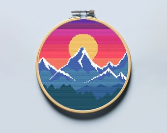 風景、山のクロスステッチ パターン PDF。