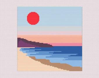 Landscape Cross Stitch Pattern PDF, Sunset, Beach.
