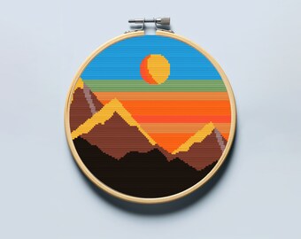風景、山のクロスステッチ パターン PDF。