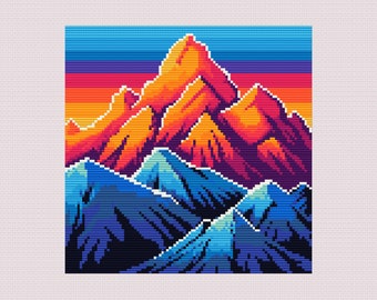 May include: A pixelated mountain range with a vibrant sunset sky. The mountains are a mix of blue, purple, and orange hues. The sky is a gradient of orange, yellow, blue, and purple.