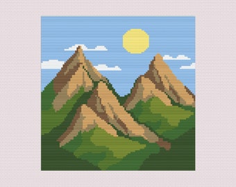風景、山のクロスステッチ パターン PDF。