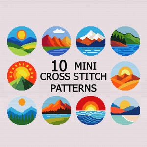 May include: A collection of ten mini cross stitch patterns featuring colorful landscape designs. Each circular design depicts a different scene, including mountains, lakes, and sunsets. The text "10 MINI CROSS STITCH PATTERNS" is displayed in the center.