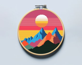 風景、山のクロスステッチ パターン PDF。