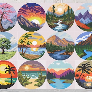Pacote de 12 padrões de ponto cruz, PDF, paisagem, natureza.