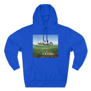 May include: A royal blue hoodie with a graphic of a boat on the water with the text "Hooked on Oconto" printed below the image.