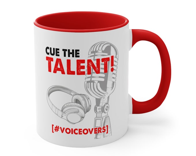 Tasse voix off Cue the Talent - Tasse à café décorative en céramique, 11 oz - Différentes couleurs pour la poignée et l'intérieur