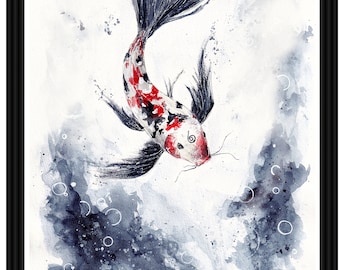May include: Watercolor painting of a black, white, and red koi fish swimming in a blue and white water background. The fish is facing the viewer with its mouth open. The background is a watercolor wash of blue and white.