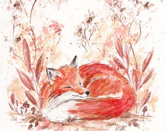 Sleeping Fox - Cozy Woodland Animal Art - Fine Art Print from Original Watercolor