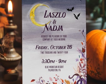 Solo invito per matrimonio di Halloween e autunno / Download digitale per cancelleria per matrimonio / Luna e pipistrelli / Festa di Halloween / Stampabile
