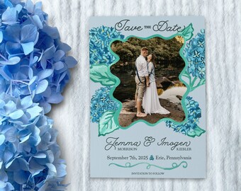 Hydrangea Flowers Save the Date with Photo | Custom Wedding Stationary | Engagement Announcement | Botanical | Digital Download | Printable