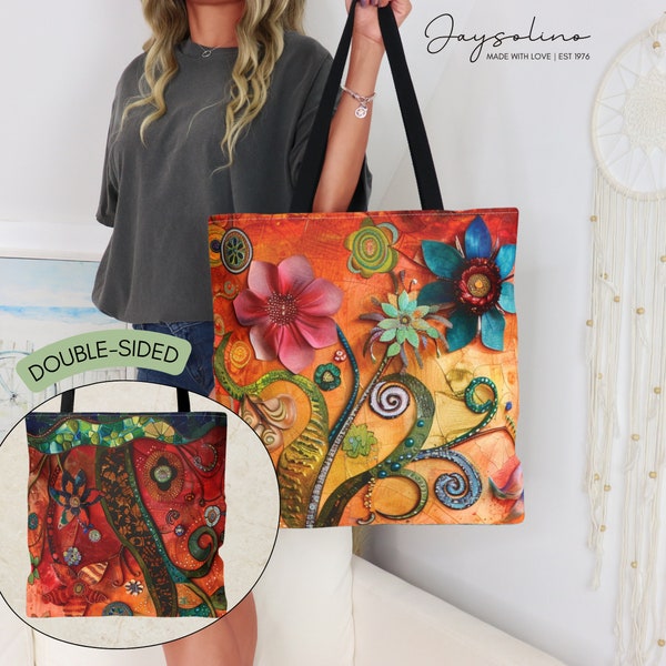 Floral Print Tote Bag, Boho Flowers Shopper, Unique Shopping Bag, Unique Beach Bag Whimsical, Boho Weekend Bag, Colorful Gift For Boho Lover