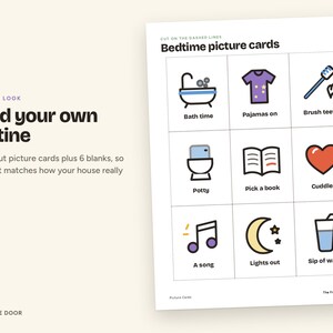 May include: A printable sheet titled Bedtime picture cards featuring nine colourful icons with labels including Bath time, Pajamas on, Brush teeth, Potty, Pick a book, Cuddles, A song, Lights out, and Sip of water, with text Build your own routine.