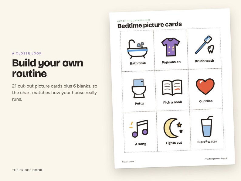 May include: A printable sheet titled Bedtime picture cards featuring nine colourful icons with labels including Bath time, Pajamas on, Brush teeth, Potty, Pick a book, Cuddles, A song, Lights out, and Sip of water, with text Build your own routine.