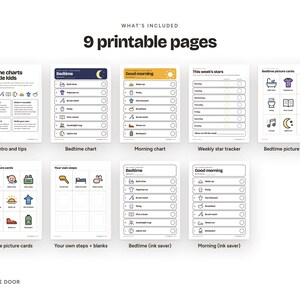 May include: A set of nine printable routine charts for children, including a bedtime chart, morning chart, weekly star tracker, and various picture cards. The pages feature black text, simple icons, and checkboxes for tracking daily tasks.