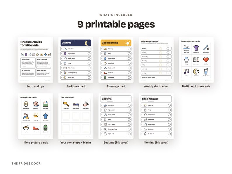 May include: A set of nine printable routine charts for children, including a bedtime chart, morning chart, weekly star tracker, and various picture cards. The pages feature black text, simple icons, and checkboxes for tracking daily tasks.