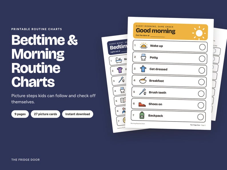 May include: Printable routine charts featuring a Good morning checklist with seven steps including wake up, potty, get dressed, breakfast, brush teeth, shoes on, and backpack. Each step has a corresponding icon and a circular checkbox for tracking progress.