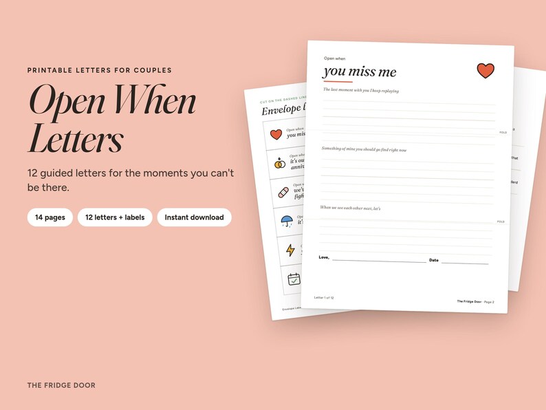 Open When Letters for Couples, 12 Printable Guided Prompts, Long Distance Relationship Gift for Boyfriend or Girlfriend image 1
