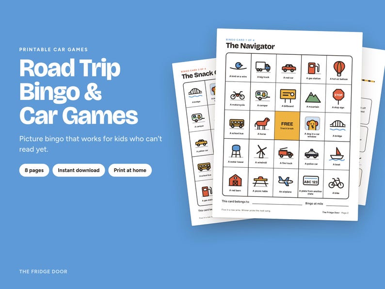 Puede incluir: Un conjunto de tarjetas de bingo para viajes por carretera imprimibles con iconos coloridos de objetos como un cami&oacute;n grande, un coche rojo, una gasolinera y una se&ntilde;al de stop. Las tarjetas incluyen un espacio libre central y una cuadr&iacute;cula.
