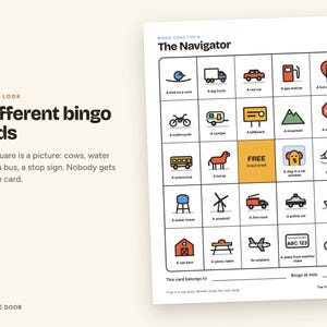 Puede incluir: Una tarjeta de bingo titulada The Navigator que presenta una cuadr&iacute;cula de cinco por cinco con iconos coloridos que representan varios objetos como un coche rojo, un autob&uacute;s escolar, una torre de agua y una se&ntilde;al de stop, con un cuadrado central.