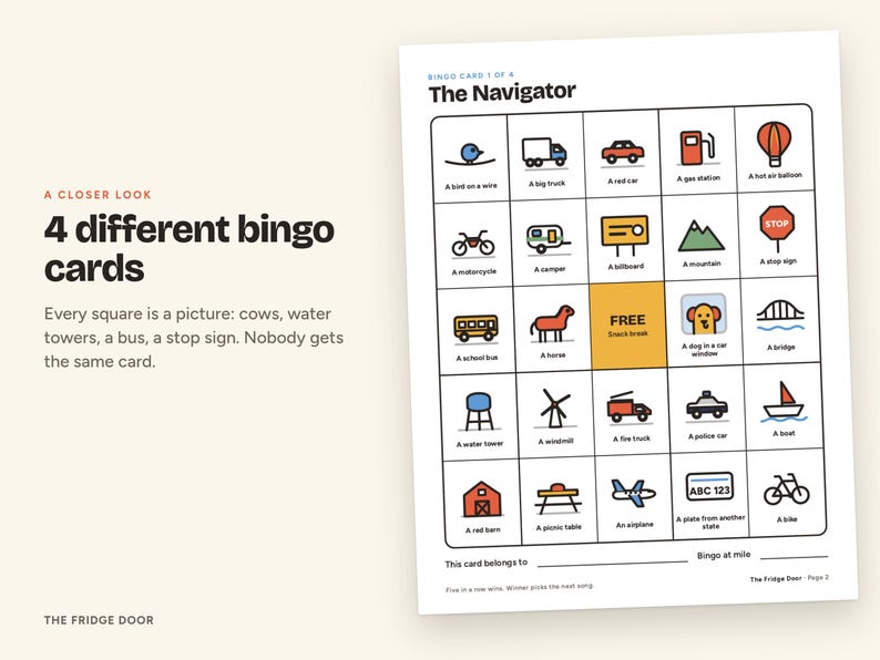 Puede incluir: Una tarjeta de bingo titulada The Navigator que presenta una cuadr&iacute;cula de cinco por cinco con iconos coloridos que representan varios objetos como un coche rojo, un autob&uacute;s escolar, una torre de agua y una se&ntilde;al de stop, con un cuadrado central.