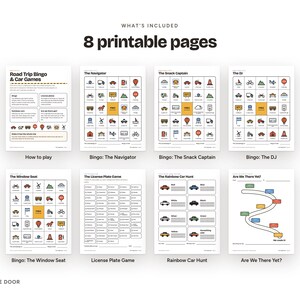 Puede incluir: Ocho p&aacute;ginas imprimibles con bingo de viaje y juegos para el coche. El conjunto incluye instrucciones, cuatro cartones de bingo titulados The Navigator, The Snack Captain, The DJ y The Window Seat, un juego de matr&iacute;culas, un juego de colores y un mapa.