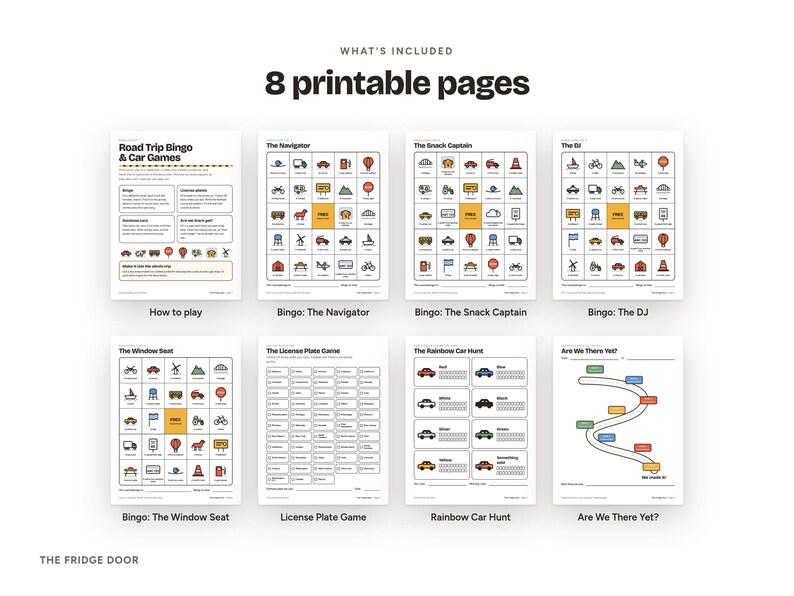 Puede incluir: Ocho p&aacute;ginas imprimibles con bingo de viaje y juegos para el coche. El conjunto incluye instrucciones, cuatro cartones de bingo titulados The Navigator, The Snack Captain, The DJ y The Window Seat, un juego de matr&iacute;culas, un juego de colores y un mapa.