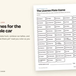 Puede incluir: Una hoja impresa blanca titulada The License Plate Game que presenta una cuadr&iacute;cula de casillas de verificaci&oacute;n con estados de EE. UU., Canad&aacute; y M&eacute;xico. El texto dice For the whole car e incluye una secci&oacute;n para la placa m&aacute;s lejana vista.