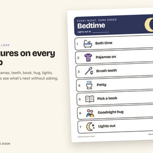 May include: A white bedtime routine chart featuring a dark blue header with a crescent moon icon and the text Bedtime. The list includes seven numbered steps with icons for bath time, pyjamas, brushing teeth, potty, reading, hugs, and lights out.